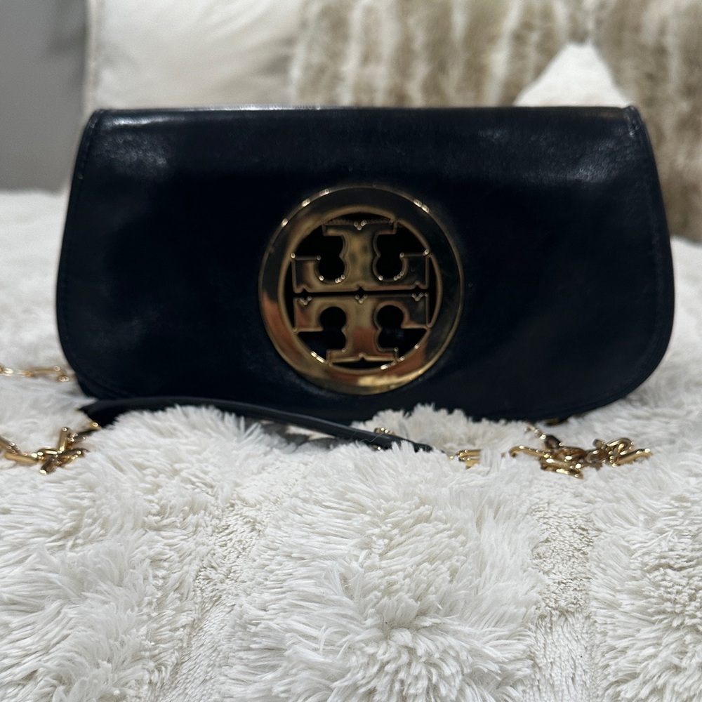 Tory Burch Black Clutch with Gold Logo